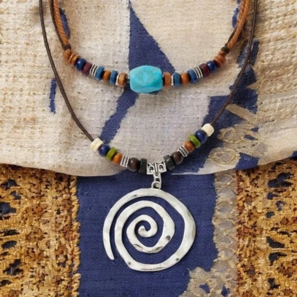 Boho Chic Adjustable Multilayer Beaded Necklace with Trendy Spiral Pendant - Picture 8 of 13